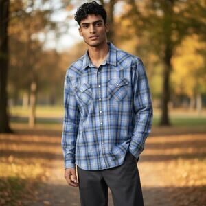 Roper Pearl Snap Shirt Mens 2XL Blue Plaid Long Sleeve Western Rodeo